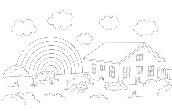 rural landscape with a 3d farm house, cows grazing and a rainbow. you can print it on large 11 x 17 inch or smaller paper, in landscape orientation