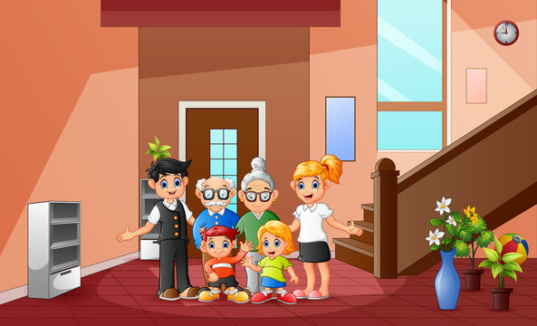 Cartoon of happy family member at the home