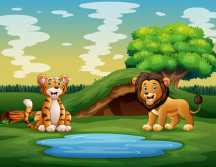 Obraz na płótnie Canvas Cartoon of the wild animals enjoying nature near the pond