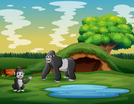 Cartoon a mother gorilla with her cub in the meadow