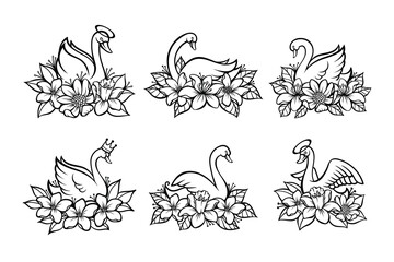 Set of line art beautiful swan with place for baby name for print