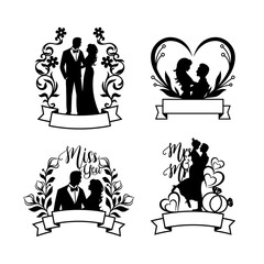 Set of bride and groom silhouette illustration, happy couple celebrating  marriage - obrazy, fototapety, plakaty