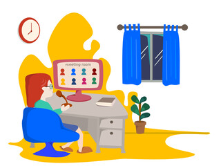 A woman having a video conference call via computer. Home office. Flat style vector illustration of cartoon character working from home.