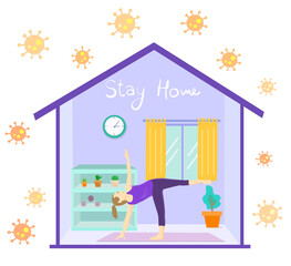 A woman doing yoga, stay at home. Exercises for health, posture, relaxation, meditation, concentration. Coronavirus disease, health care, and safety. Flat style vector illustration.
