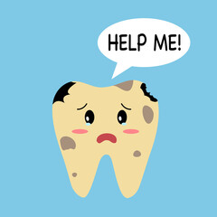 Dirty cavity tooth cartoon character asking for help in flat design. Dental care. Dental illness. Oral hygiene concept.