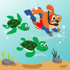 Diving with funny dog and turtle with cartoon style. Creative vector childish background for fabric, textile, nursery wallpaper, poster, card, brochure. vector illustration background.