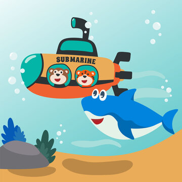 Vector illustration for children's design, submarine with cute sailor and shark. Can be used for t-shirt printing, children wear fashion designs, baby shower invitation cards and other decoration.