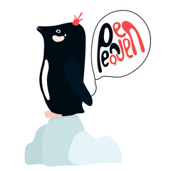 Cute penguin with crown on the head stands in snowdrift and holds the balloon with inscription - Penqueen.