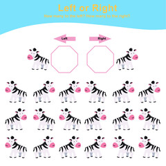 Left or Right Game for Preschool Children. Counting how many zebras are left and right. Educational printable math worksheet. Additional math for kids. Vector illustration in cartoon style. 
