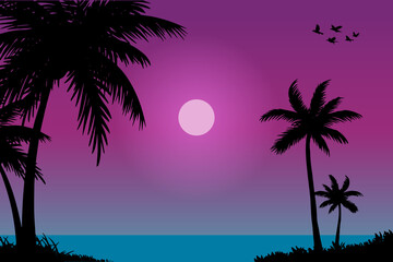 Naklejka na ściany i meble vector illustration of sunset tropical beach natural scenery