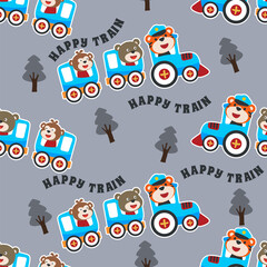 Fototapeta premium Seamless pattern texture with animals cartoon on train, For fabric textile, nursery, baby clothes, background, textile, wrapping paper and other decoration.