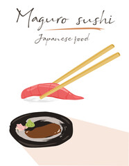 healthy Maguro sushi with chopsticks vector on white background.