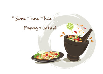 Somtum Papaya salad thailand.Papaya salad and ingredients on white background.Thai food vector.