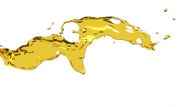 Oil splash on white background. 3D animation of yellow liquid, alpha channel as matte mask included.