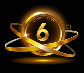 6th anniversary with gold ring graphic elements on black background - obrazy, fototapety, plakaty