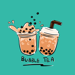 The bubble milk tea. Black pearl milk tea is a famous drink large and small cup vector.
