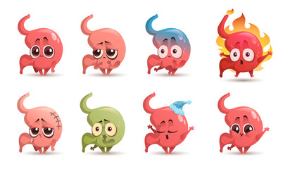 Cute stomach character with different emotions isolated on white background. Vector set of cartoon funny gastric, human abdomen organ smiles, sleeps, feels ache, nausea, reflux and heartburn