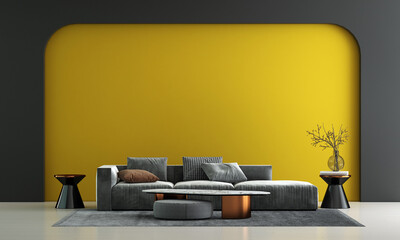 Home and decor and furniture of minimal living room interior design and yellow pattern wall texture background and white wood floor, 3d rendering