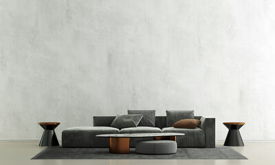 Home and decor and furniture of minimal living room interior design and concrete wall texture background and white wood floor, 3d rendering