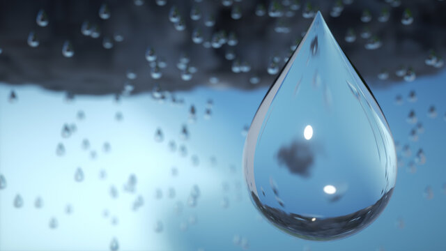 Macro of a raindrop falling from clouds during thunderstorm. 3D Render.