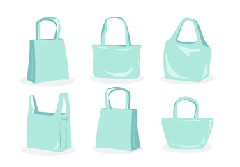 Vector set of canvas bags light blue color. Mock-up on white background.