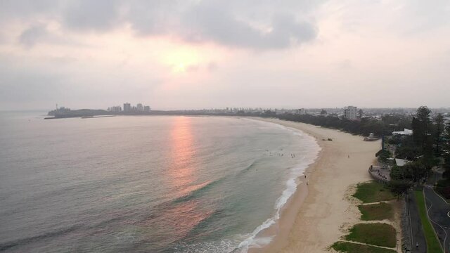 Aerial View Of The Entire Mooloolaba Beach During Sunset In Australian State Of Queensland.