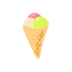 ice cream in a waffle cone. hand drawn doodle. vector, cartoon. icon, card, poster, sticker. food, sweet, refreshing, bright, summer.