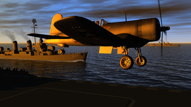 F4Uコルセア戦闘機の発艦(マリアナ沖海戦）