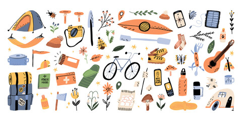 Forest tourism, outdoor vacation sports set. Backpack and sleeping bag, shovel, knife, navigation, offline maps etc