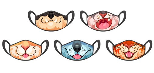 Face masks with funny animal isolated on white background. Vector cartoon set of black cloth medical protective masks with print of cute tiger, cat, wolf, lion and bulldog with fur, mouth and nose