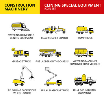 clining Special equipment machinery vehicle and transport car construction machinery icons set vector