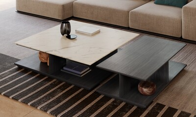 Soggiorno moderno di design italiano di alta qualità, divano modulare, poltrona, scultura, tavolini, madia, rendering 3d