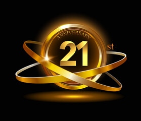 21st anniversary with gold ring graphic elements on black background