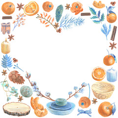 Arrangement of invert heart with floral elements, fruits, spices and Christmas  items made in the technique of colored pencils. Hand drawn.