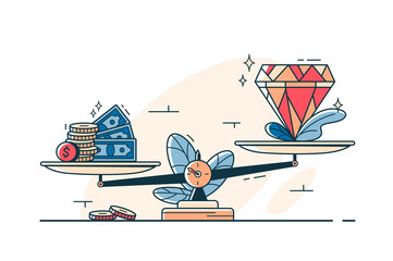 Money cash and precious stone on scales
