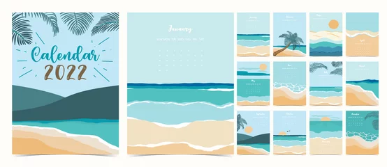 Fototapeten 2022-Tabellenkalenderwochenbeginn am Sonntag mit Strand und Meer, die für vertikales digitales und bedruckbares A4 A5-Format verwendet werden © piixypeach