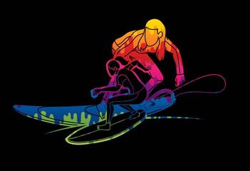Women Surfer Action Surfing Sport Female Players Cartoon Graphic Vector	
