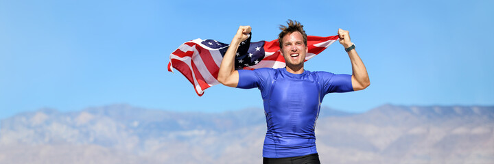 USA american athlete waving flag in success winning competition race on blue sky nature landscape...