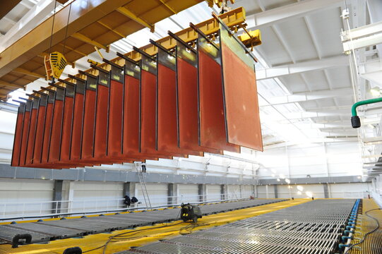 East Kazakhstan region, Kazakhstan - 12.02.2015 : Layers of cathode copper on a special lift for processing.