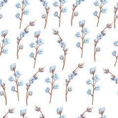 Seamless pattern with branches of cotton cut out on white  background. Made in the technique of colored pencils. Hand drawn.