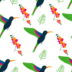 Seamless pattern hummingbird bird cartoon character, decorative leaf, orchid flower, Cute vector illustration isolated on white backround, decorative exotic backdrop, wild animal for design wallpaper