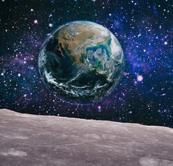 Moon surface and Earth on the horizon. Space art fantasy. Elements of this image furnished by NASA