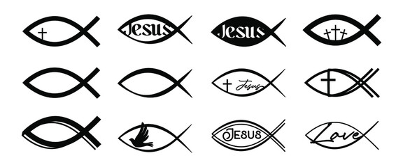 Jesus fish icons - obrazy, fototapety, plakaty