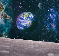Moon surface and Earth on the horizon. Space art fantasy. Elements of this image furnished by NASA