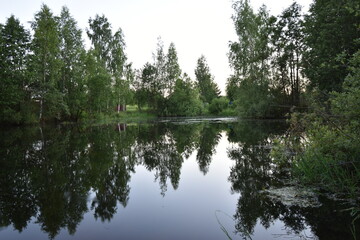 Fototapeta na wymiar lake in the village in the evening