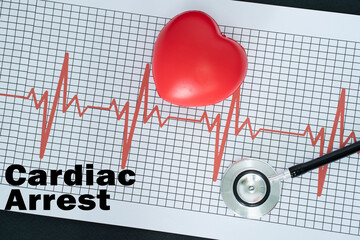 Layout of an electrocardiogram, stethoscope and a heart-shaped model with text on black background