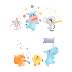 Obraz na płótnie Canvas Cute Animals Carrying Flag and Playing Musical Instrument Vector Set
