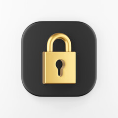 Golden closed padlock icon. 3d rendering black square key button, interface ui ux element.