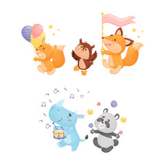 Cute Animals Carrying Flag, Juggling Balls and Playing Musical Instrument Vector Set
