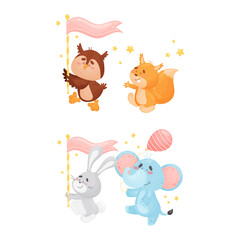 Cute Animals Carrying Flag and Toy Balloon Vector Set